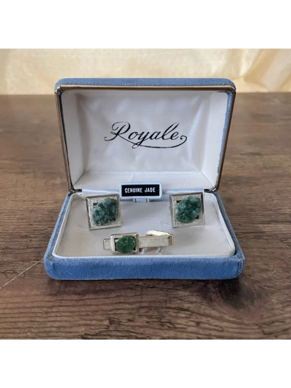 Vintage Shields Green Jade Gold Tone Cufflinks Tie Clip Set with Box Mid Century